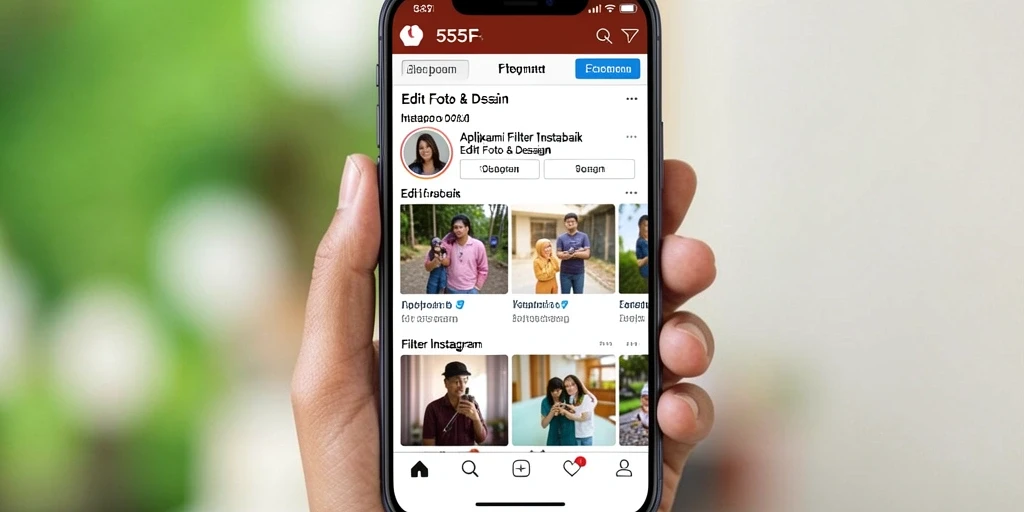 Tampilan antarmuka aplikasi 555F dengan pilihan filter Instagram.