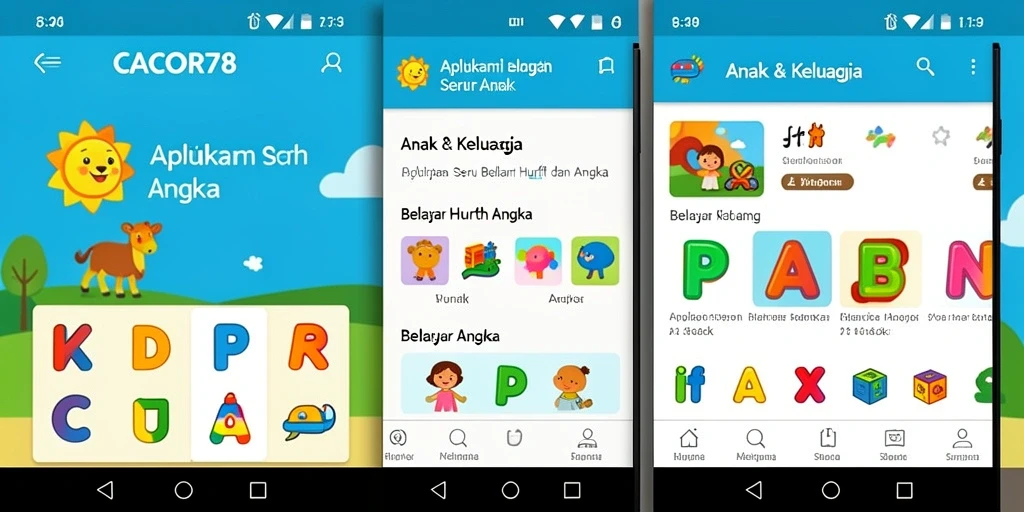 Antarmuka aplikasi CACOR78 yang ceria dan interaktif untuk belajar huruf dan angka.
