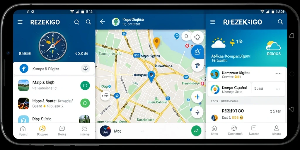 Antarmuka utama REZEKIGO menampilkan kompas digital dan petunjuk arah.